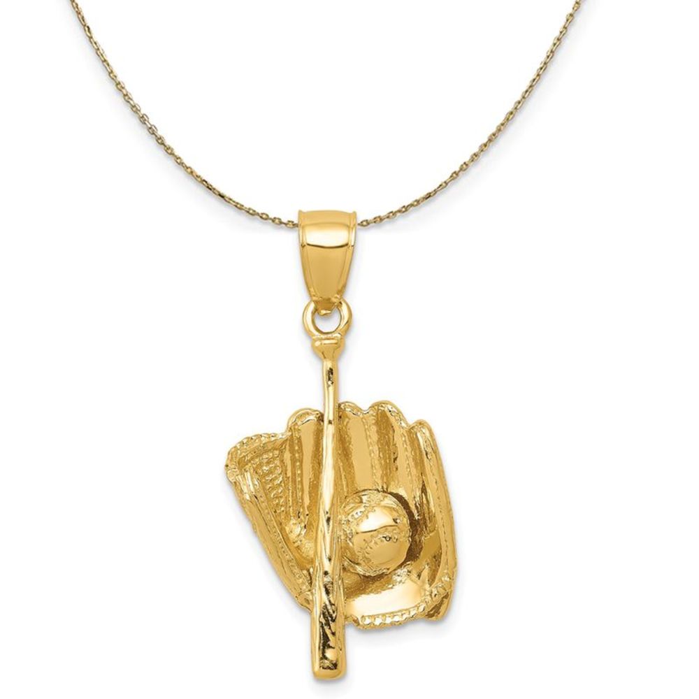 14k Yellow Gold Three Dimensional Baseball Necklace - 16 Inch